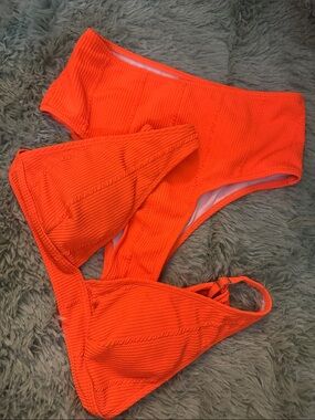 Women's Orange Textured High-Waist Bikini Set